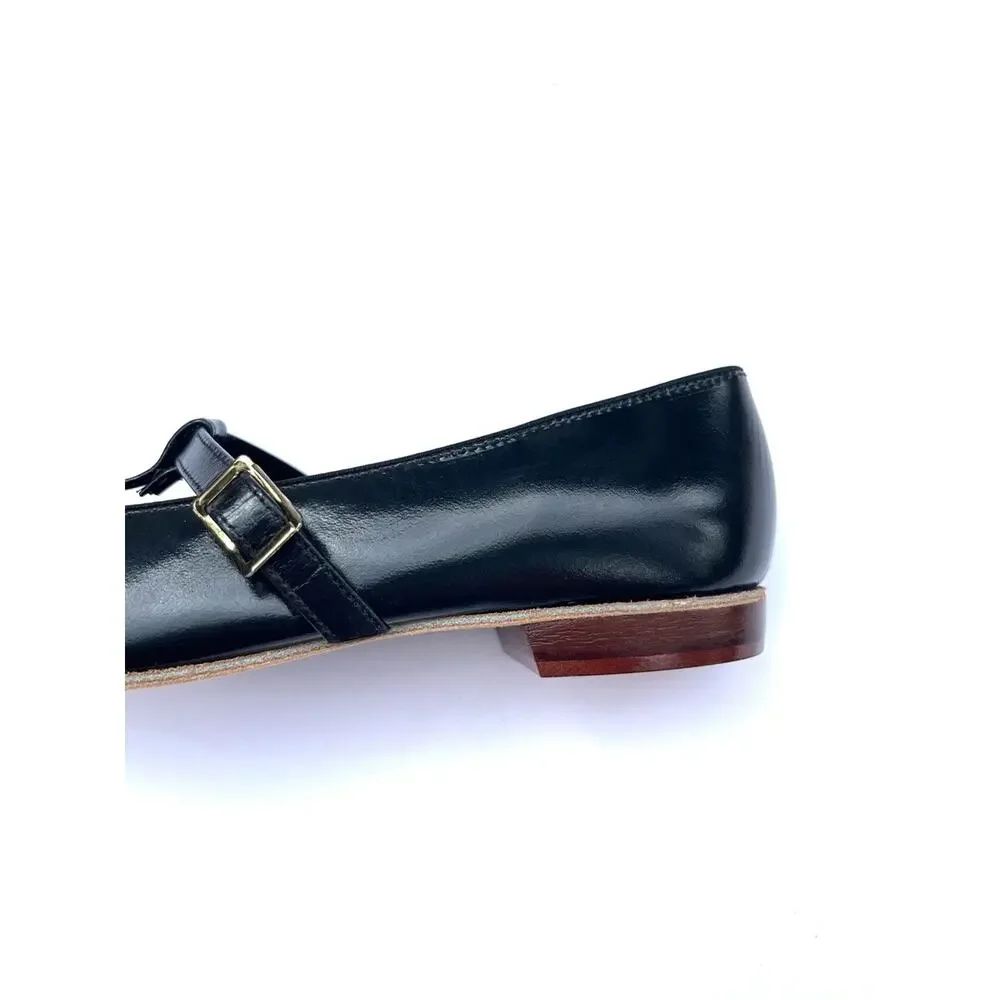 Vintage Black Leather Mary Jane Flats with Gold Buckle Size 8 Barbette's Dance